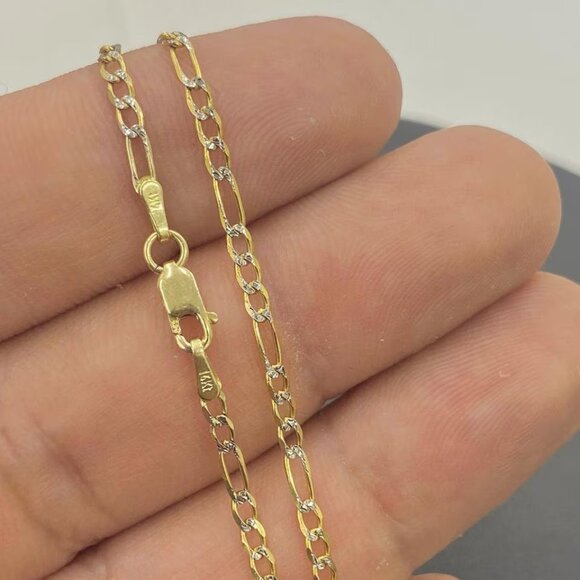 14K Yellow Gold Two Tone Necklace Figaro 18" Chain for Youth Fashion Design Gift